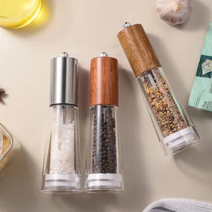 Manual Black Pepper Grinder Acrylic Transparent Spice Mill With Stainless Steel Solid Wood Top Adjustable Kitchen Grinding Bottle
