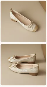 Detaillierte Seitenansicht eleganter champagnerfarbener Ballerinas mit Schleife und Spitze.