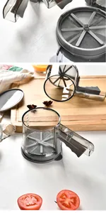 Detail view of a handheld flour sifter with a fine mesh and measurement scale.