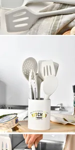 Gros plan du service d'ustensiles de cuisine en silicone crème dans un pot minimaliste