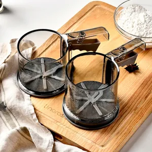 Handheld Semi-Automatic Flour Sifter PP Plastic Long Handle Baking Sifter Double Layer Stainless Steel Mesh With Scale For Home Baking Kitchen Tools