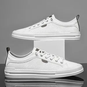 Chaussures de Skate Décontractées pour Hommes Blanc Respirant Cuir Microfibre Sneakers à la Mode Design Perforé Chaussures de Marche Basses