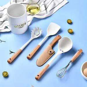 Mini Juego de Utensilios de Cocina de Silicona con Mango de Madera Resistente al Calor Antiadherente Espátula Cuchara Sopera Batidor Cuchillo Cubo