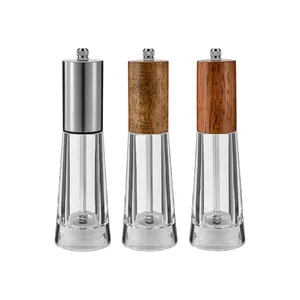 Set of 3 manual spice grinders with clear acrylic body, stainless steel and wood tops