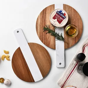 Nordic Acacia Wood And Marble Spliced Round Serving Board With Handle Steak Cheese Tray Kitchen Cutting Board Decorative Plate