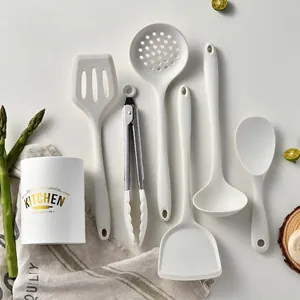 Set de 7 ustensiles de cuisine en silicone blanc résistant à la chaleur avec pot