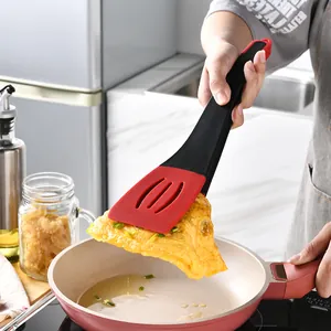 3-in-1 red and black silicone spatula tongs for kitchen cooking and steak flipping