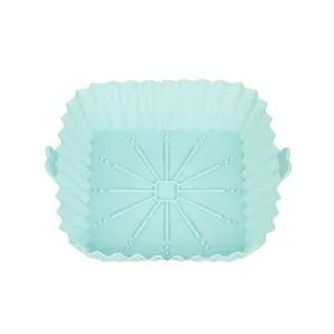 Square light blue silicone air fryer liner with heat resistant fluted sides for baking