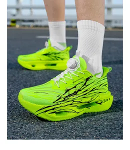 Detailed side view of lime green running shoes featuring a rotary buckle and mesh upper