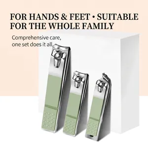 Professional 3-piece stainless steel nail clipper set with green non-slip handles.