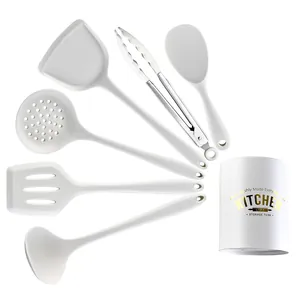 Juego de utensilios de cocina de silicona blanca de 7 piezas con cubo de almacenamiento
