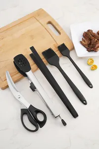 Detail view of 5-piece 304 stainless steel BBQ scissors and silicone tongs set