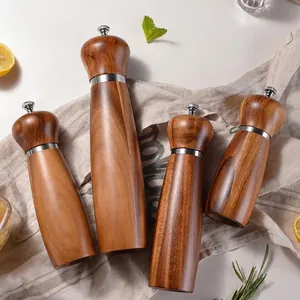 Manual Acacia Wood Pepper Grinder Adjustable Coarseness Spice Mill With Ceramic Core Stainless Steel Ring Kitchen Cooking Tool