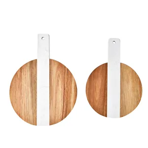 Nordic acacia wood and marble patchwork round cheese and bread cutting board set