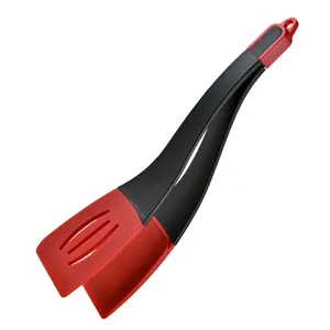 Ergonomic red and black 3-in-1 silicone steak tongs and spatula kitchen cooking tool