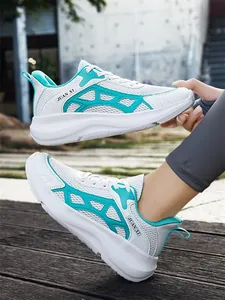 White and turquoise breathable mesh running shoes with thick soles for men's casual wear