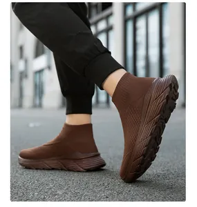 Close-up detail of brown breathable high-top knit sock sneakers for urban casual sports