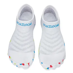 Lightweight white knitted yoga water shoes with colorful sole patterns for fitness.