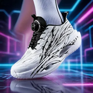 Men's breathable running shoes with rotary buckle and hollow popcorn sole design.