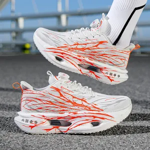 White men's running shoes with vibrant orange flame patterns and a quick rotating buckle.