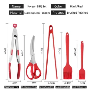 5-piece stainless steel BBQ tool set with silicone handles and dimensions