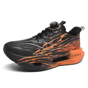 Men's orange and black running shoes with rotary buckle and hollow cushioned sole.