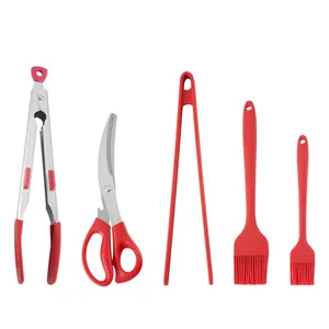5-piece professional BBQ tool set with 304 stainless steel shears and red silicone
