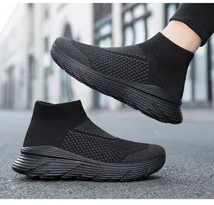 Detail of lightweight black high-top sock sneakers with breathable flying woven mesh