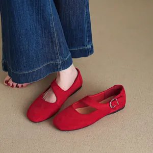 Französische Vintage Wildleder Mary Jane Flats Für Damen Eckige Zehen Schnallenriemen Ballett Schuhe Retro Flache Lässige Loafer