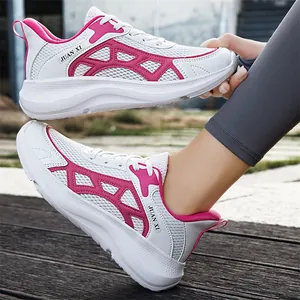Breathable mesh sneakers with thick lightweight soles in white and pink design