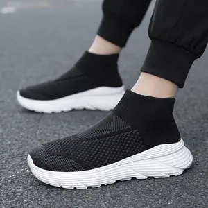 Ultra-light high-top sock shoes with black fly-knit mesh and white sole