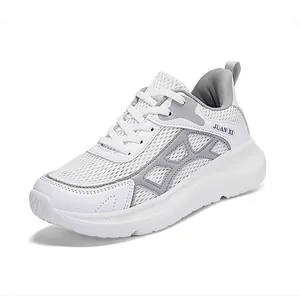 Breathable white mesh running shoes for men with thick lightweight sole and grey accents