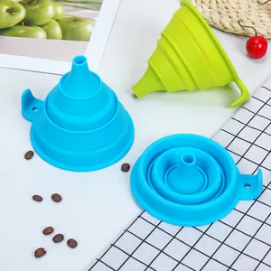 Collapsible food grade silicone kitchen funnels in blue and green for liquid transfer