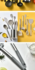 Close-up of ergonomic silicone kitchen utensil handles with stainless steel shafts