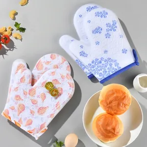 Heat Resistant Silicone Oven Mitts Thickened Anti Scald Floral Pattern Kitchen Cooking Baking Gloves For Microwave Air Fryer