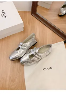 Detailansicht silberner Metallic Mary Jane Ballerinas mit Klettverschluss und Box