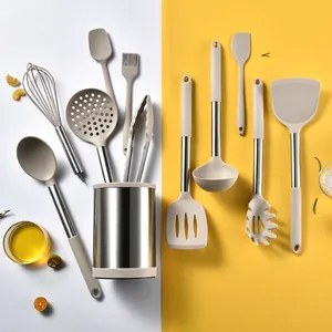 Silicone Spatula Turner Ladle Whisk Tongs Brush Scraper with Rotating Storage Bucket Stainless Steel Handle Utensil Collection