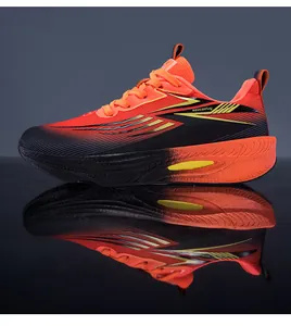 Detailed side profile of orange and black lightweight carbon plate running shoes with reflection