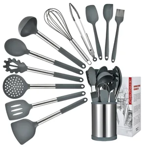 12-piece grey silicone kitchen utensil set with stainless steel handles and storage bucket