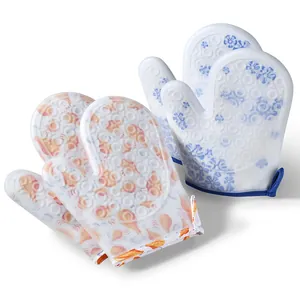 Heat resistant silicone oven mitts with non-slip texture and cute patterns for kitchen baking