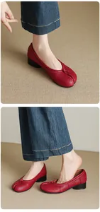 Red split-toe Tabi ballet pumps featuring pleated leather and chunky mid-heels for women
