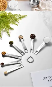 Close-up of engraved capacity markings on professional stainless steel measuring spoons