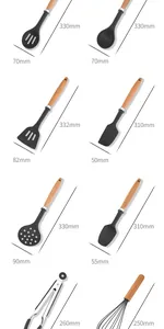 Dimensions of 8-piece silicone kitchenware set featuring solid wooden handles