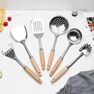 Stainless Steel Kitchen Utensils Set With Wooden Handle Cooking Spatula Slotted Turner Soup Ladle Skimmer Pasta Server Potato Masher