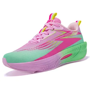 Ultra-light carbon plate running shoe featuring a vibrant pink and mint green gradient