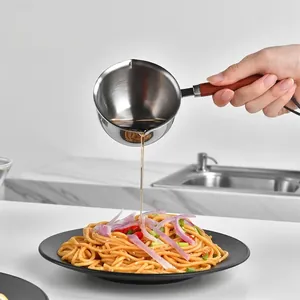 304 Stainless Steel Mini Oil Pouring Pan with Wood Handle Dual Spouts Saucepan Small Milk Pot Cookware Kitchen Heat Tool