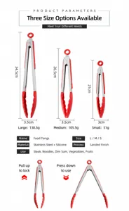Detailed size specifications for silicone-tipped stainless steel kitchen tongs in three sizes