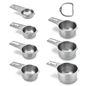 Juego profesional de 7 tazas medidoras de acero inoxidable con escala grabada y un anillo