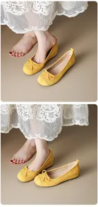 French style yellow suede ballet flats with elegant bow and hidden inner heightening wedge