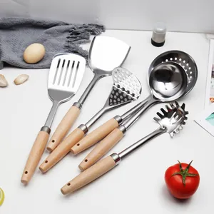 Professional 6-piece stainless steel kitchen cooking utensil set with wooden handles